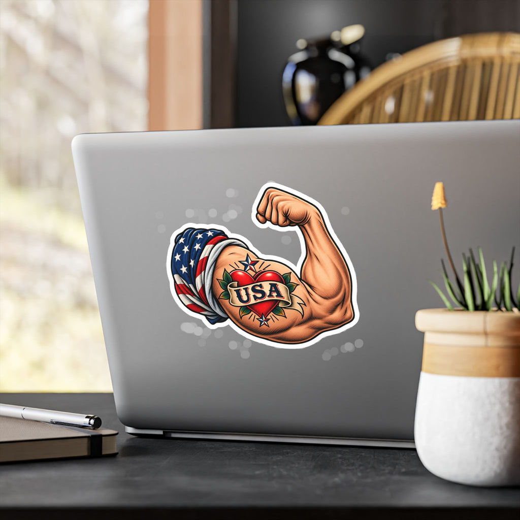 USA Muscle Arm Vinyl Sticker — Patriotic Kiss-Cut Decal