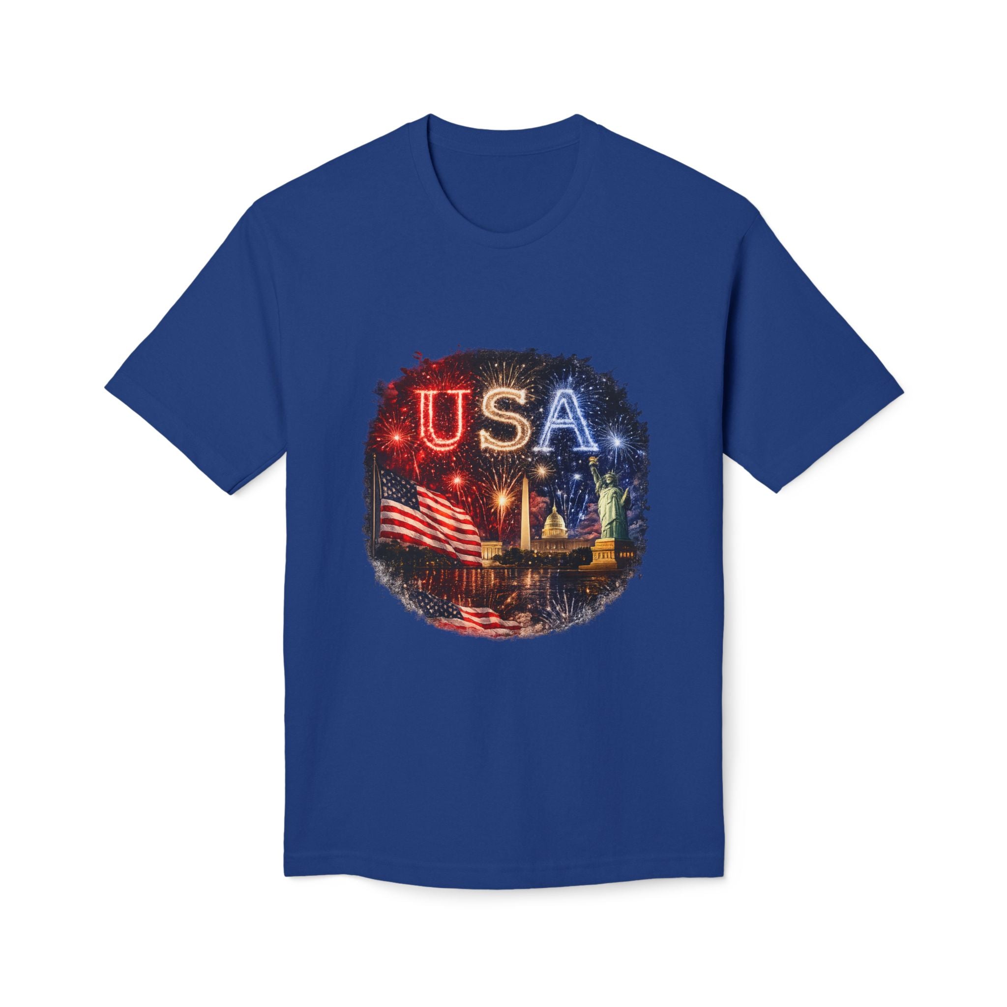 USA Fireworks T-Shirt — American Flag & Statue of Liberty Fourth of July Tee