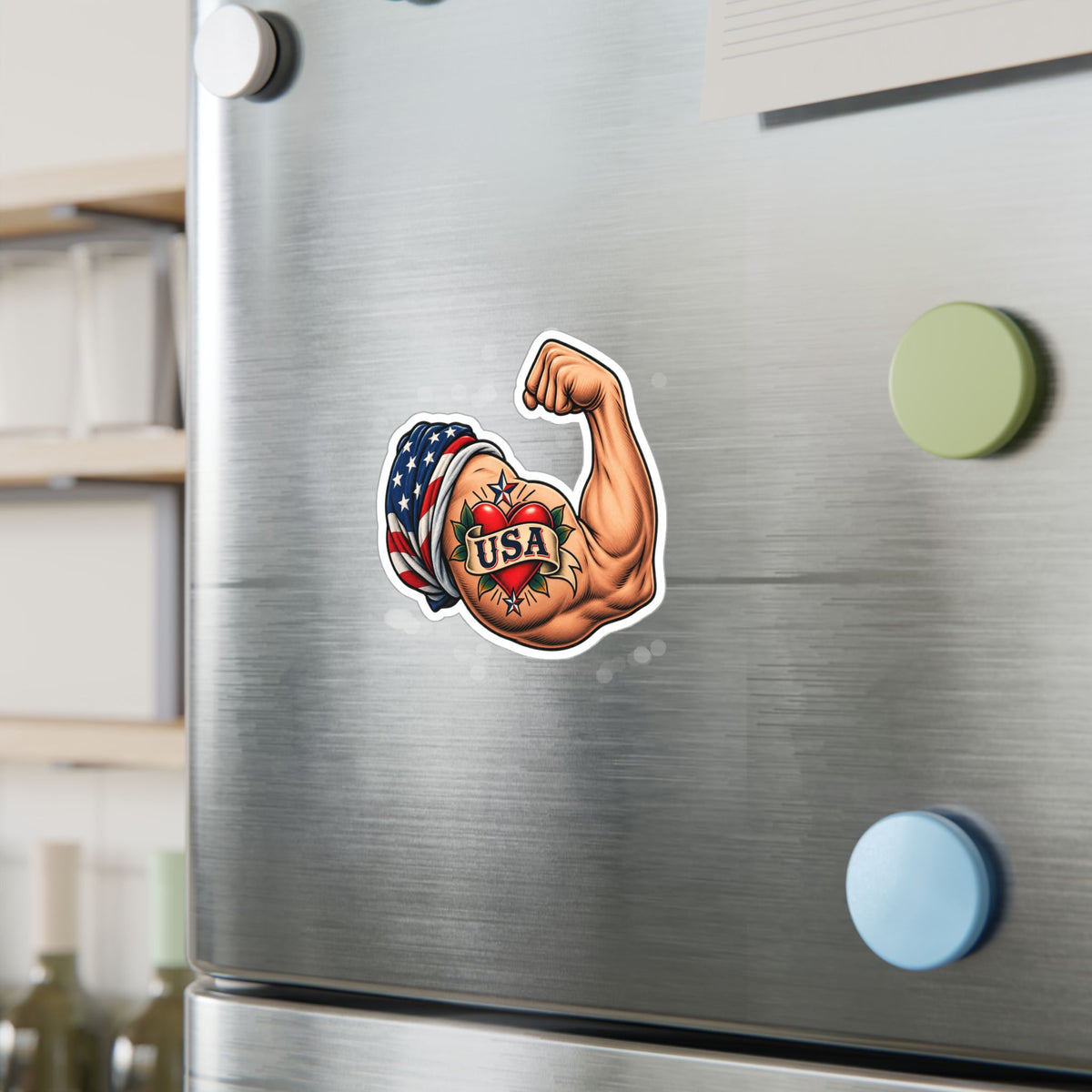 USA Muscle Arm Vinyl Sticker — Patriotic Kiss-Cut Decal
