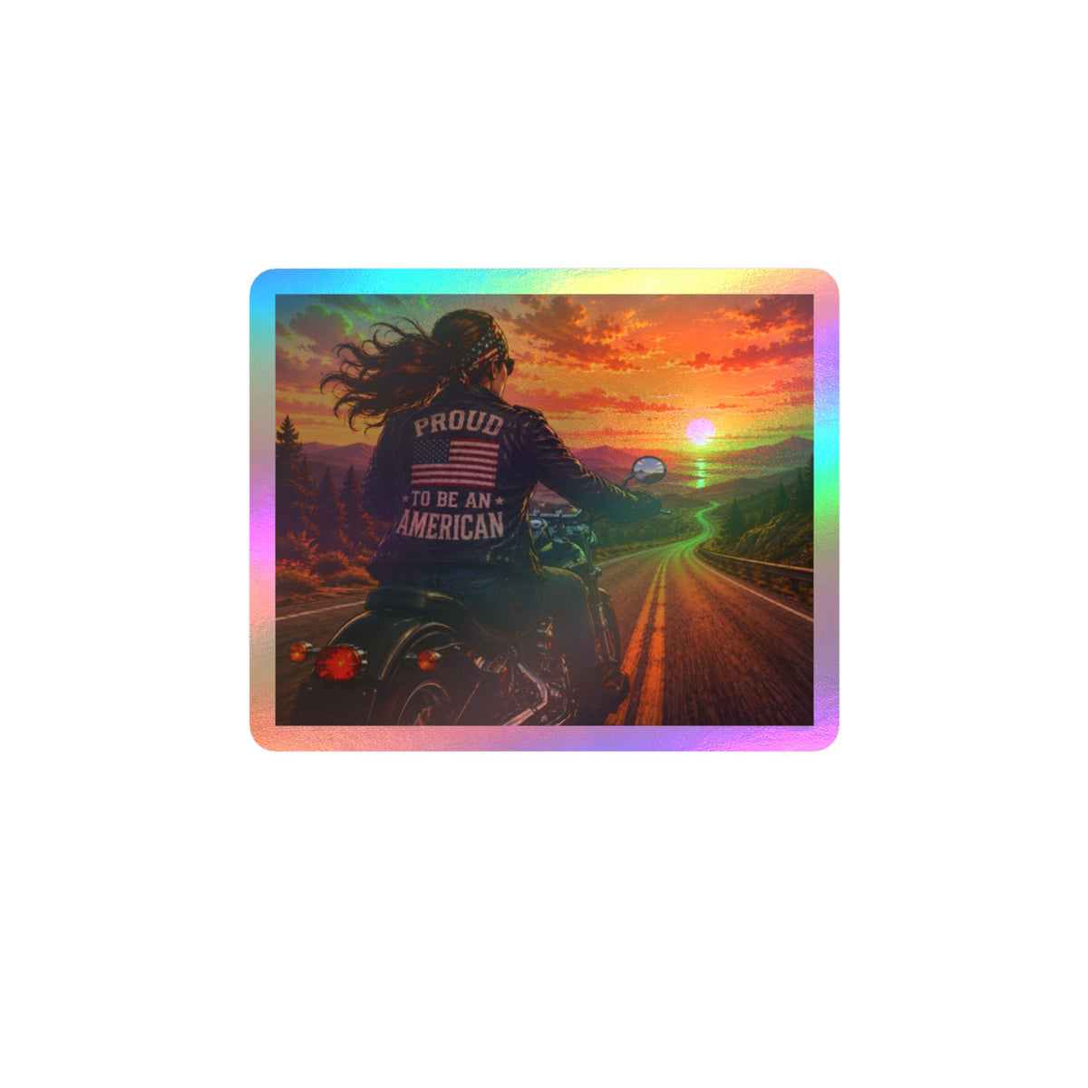 American Biker Gal Sunset Kiss-Cut Vinyl Decal — ‘Proud To Be An American’ Motorcycle Sticker