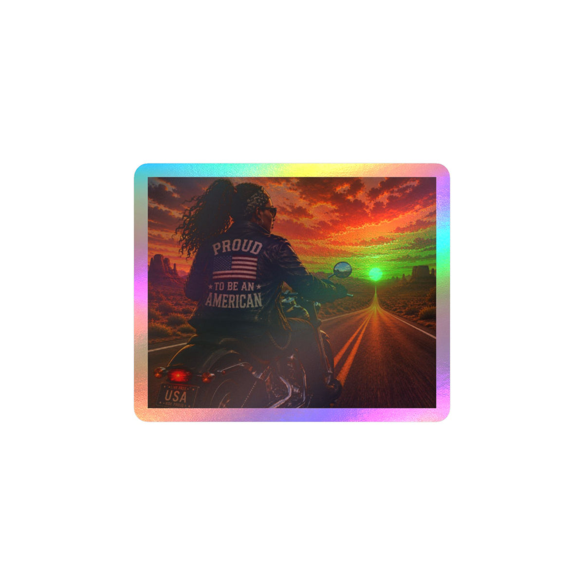 'Proud to Be an American' Motorcycle Sticker — Kiss-Cut Vinyl Decal, Patriotic Biker Sunset