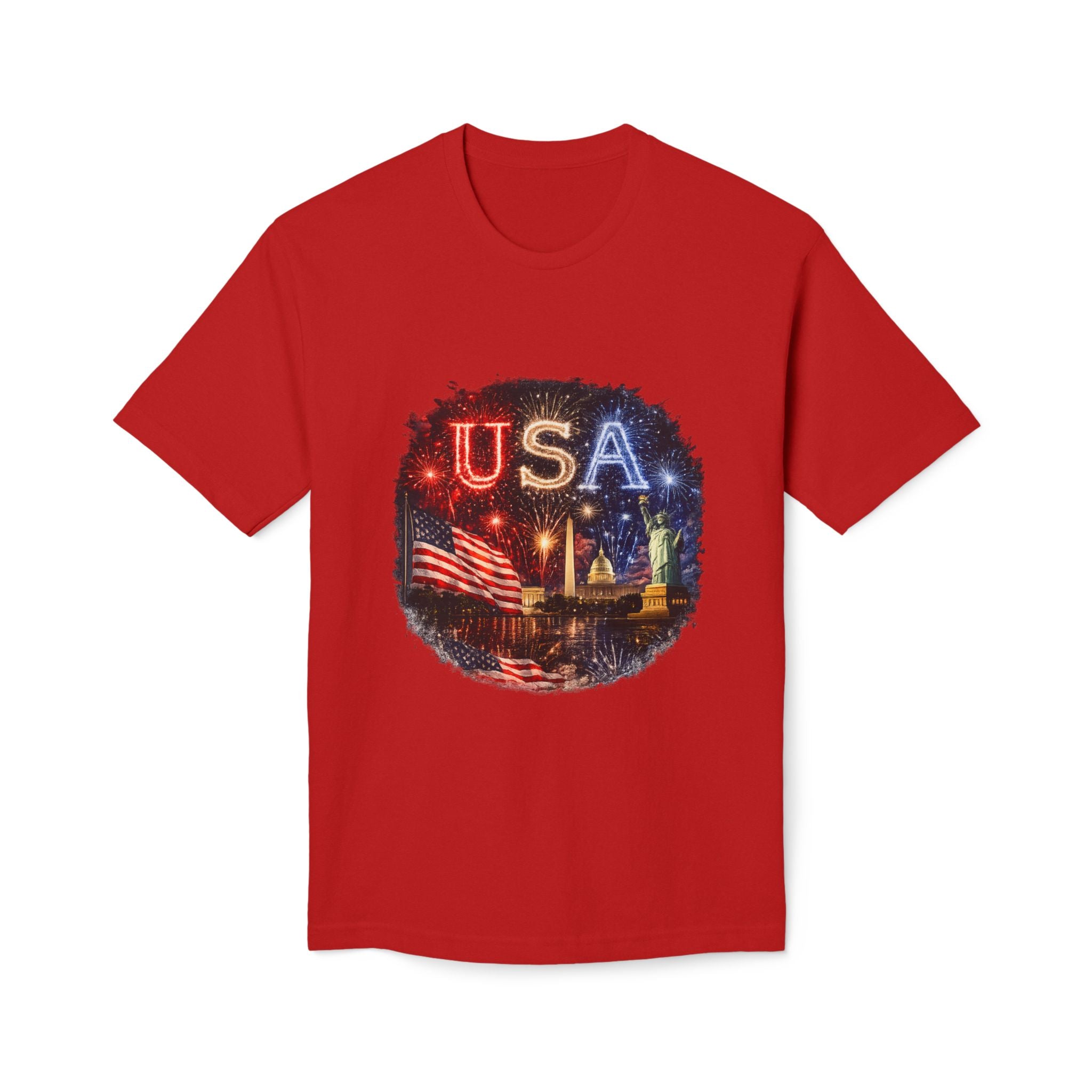 USA Fireworks T-Shirt — American Flag & Statue of Liberty Fourth of July Tee