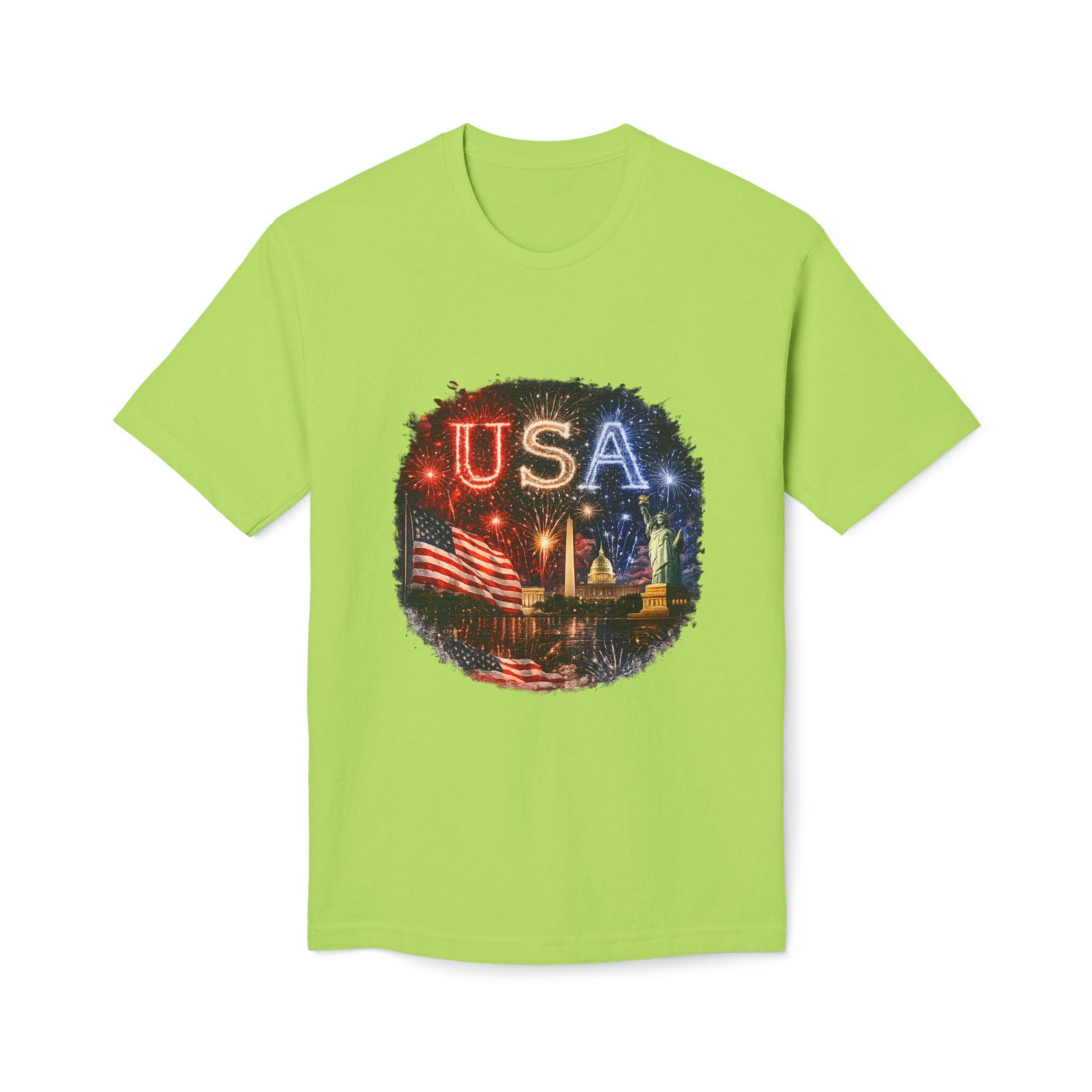 USA Fireworks T-Shirt — American Flag & Statue of Liberty Fourth of July Tee