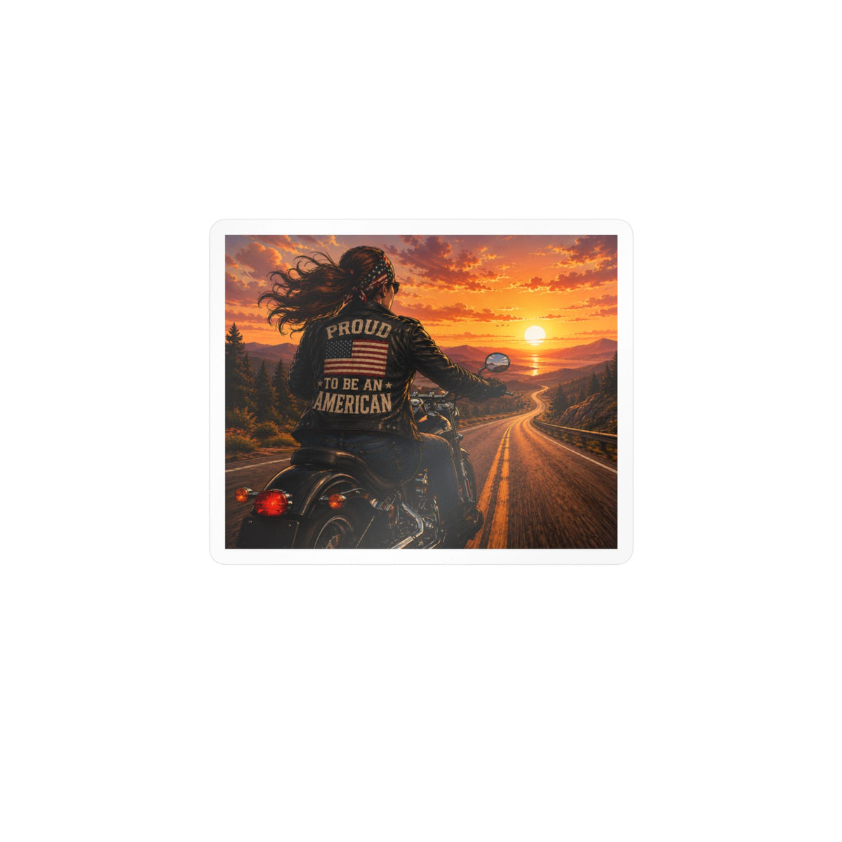 American Biker Gal Sunset Kiss-Cut Vinyl Decal — ‘Proud To Be An American’ Motorcycle Sticker