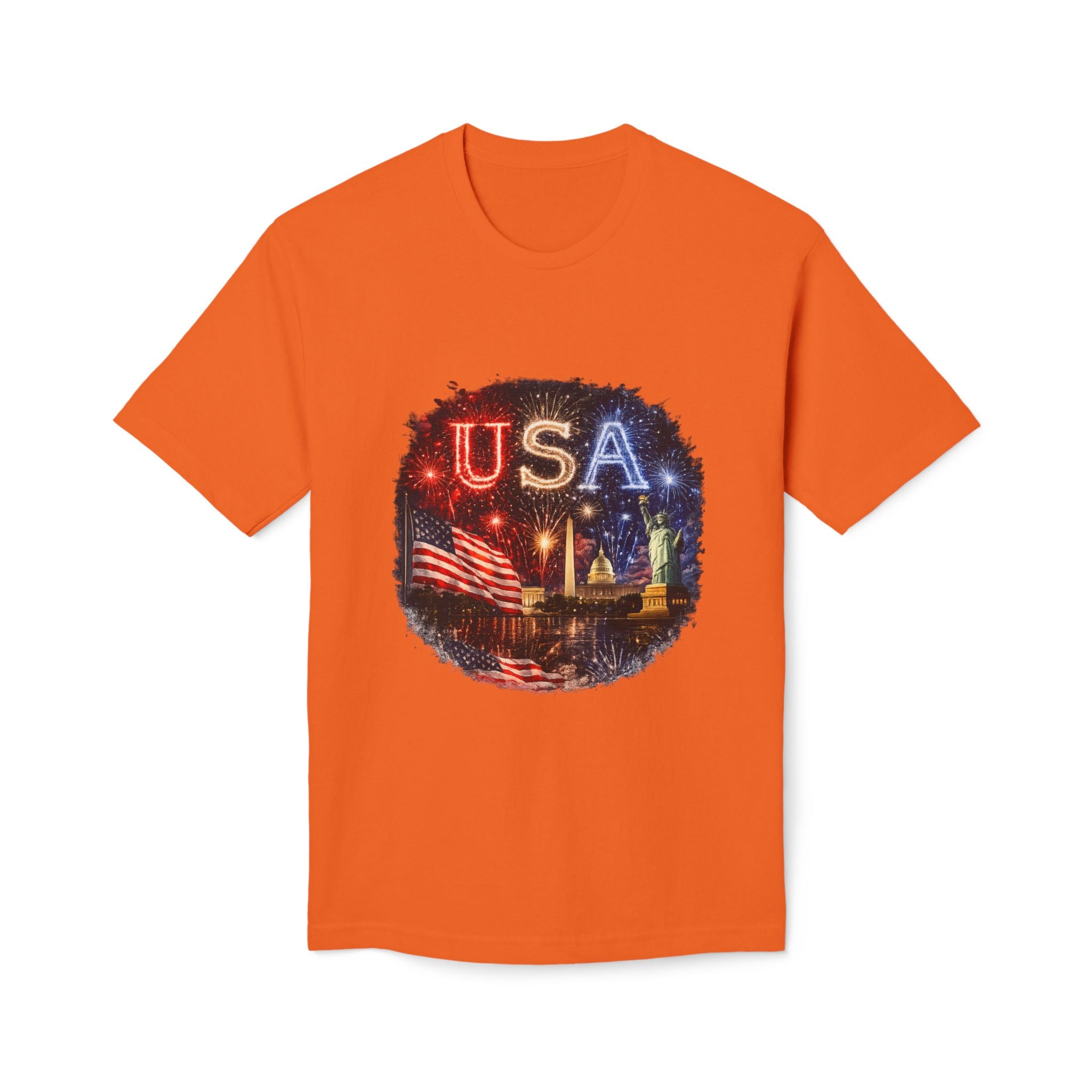 USA Fireworks T-Shirt — American Flag & Statue of Liberty Fourth of July Tee