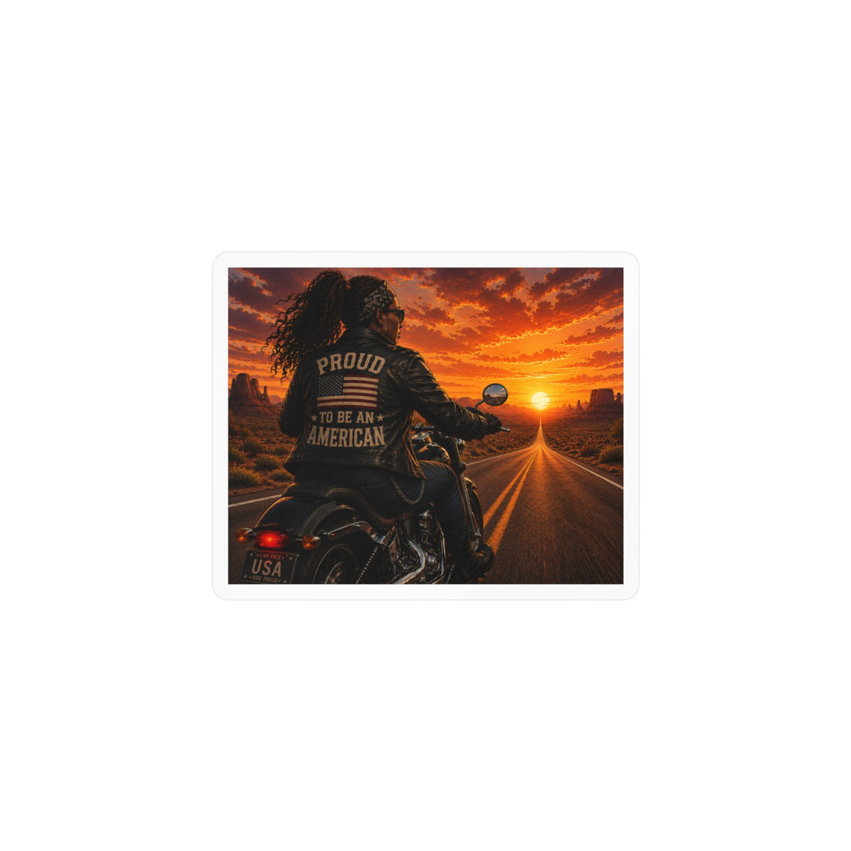 'Proud to Be an American' Motorcycle Sticker — Kiss-Cut Vinyl Decal, Patriotic Biker Sunset