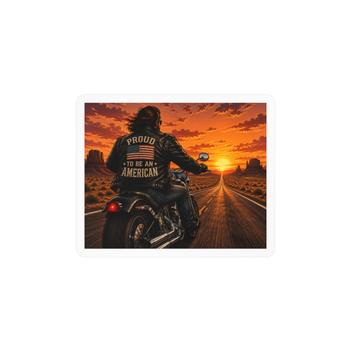 American Biker Sunset Decal - "Proud To Be An American" Kiss-Cut Vinyl Sticker