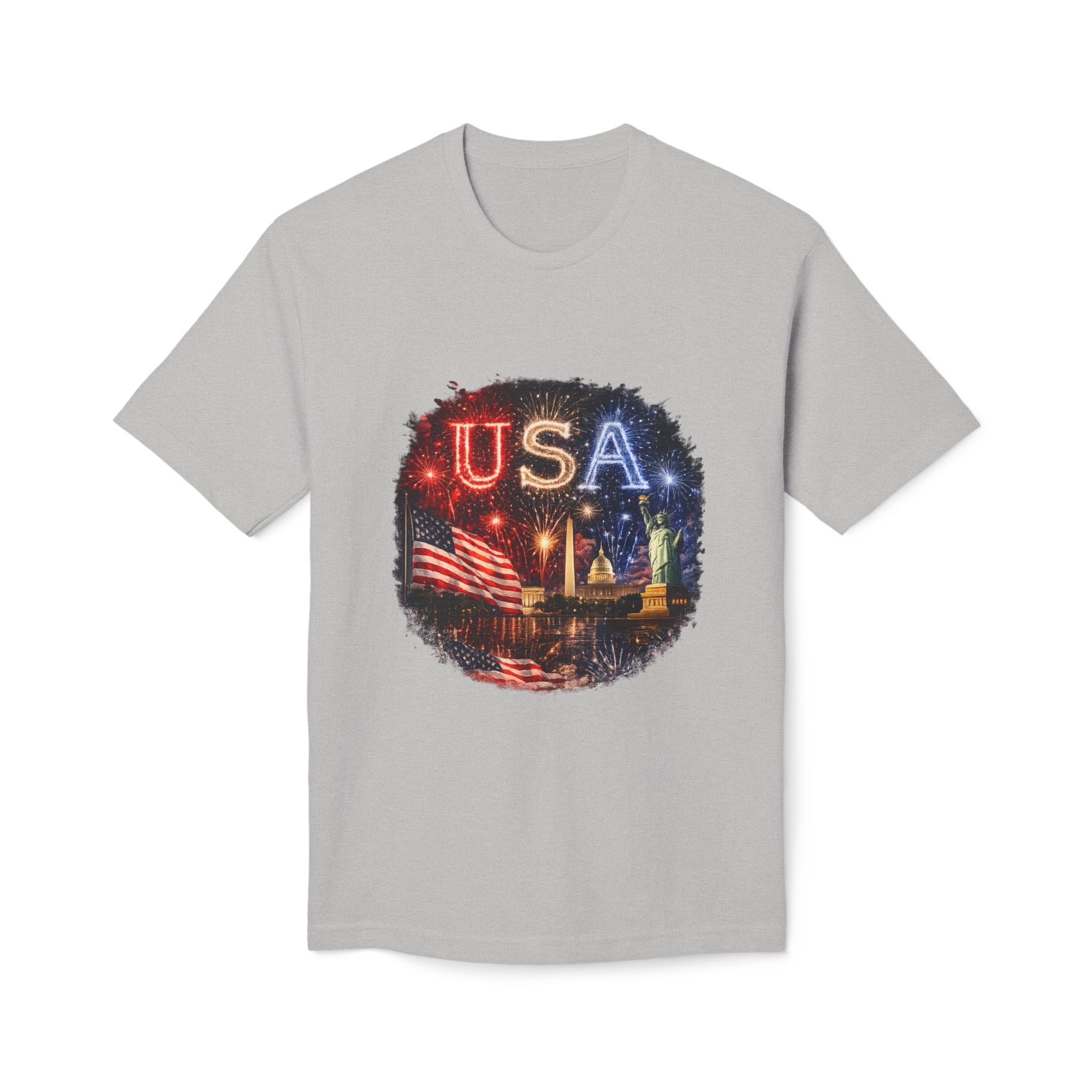USA Fireworks T-Shirt — American Flag & Statue of Liberty Fourth of July Tee