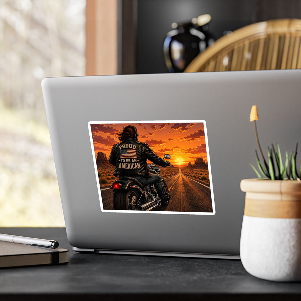 American Biker Sunset Decal - "Proud To Be An American" Kiss-Cut Vinyl Sticker