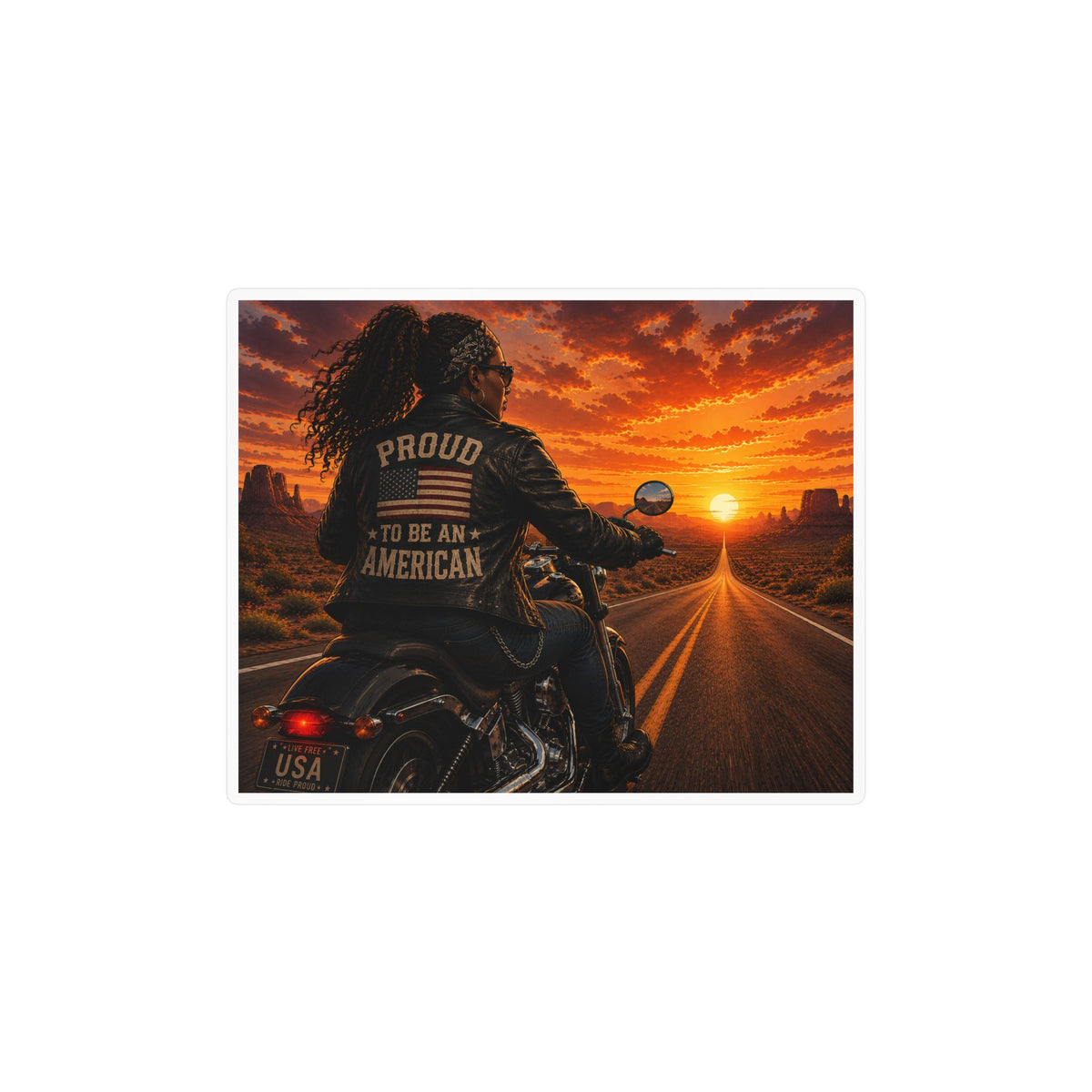 'Proud to Be an American' Motorcycle Sticker — Kiss-Cut Vinyl Decal, Patriotic Biker Sunset