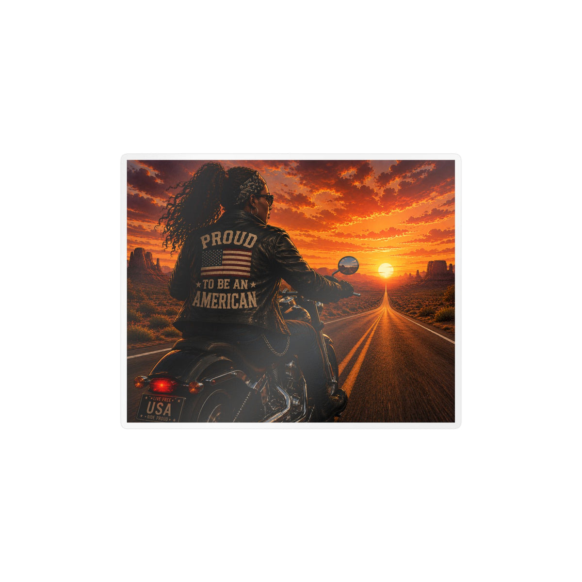 'Proud to Be an American' Motorcycle Sticker — Kiss-Cut Vinyl Decal, Patriotic Biker Sunset