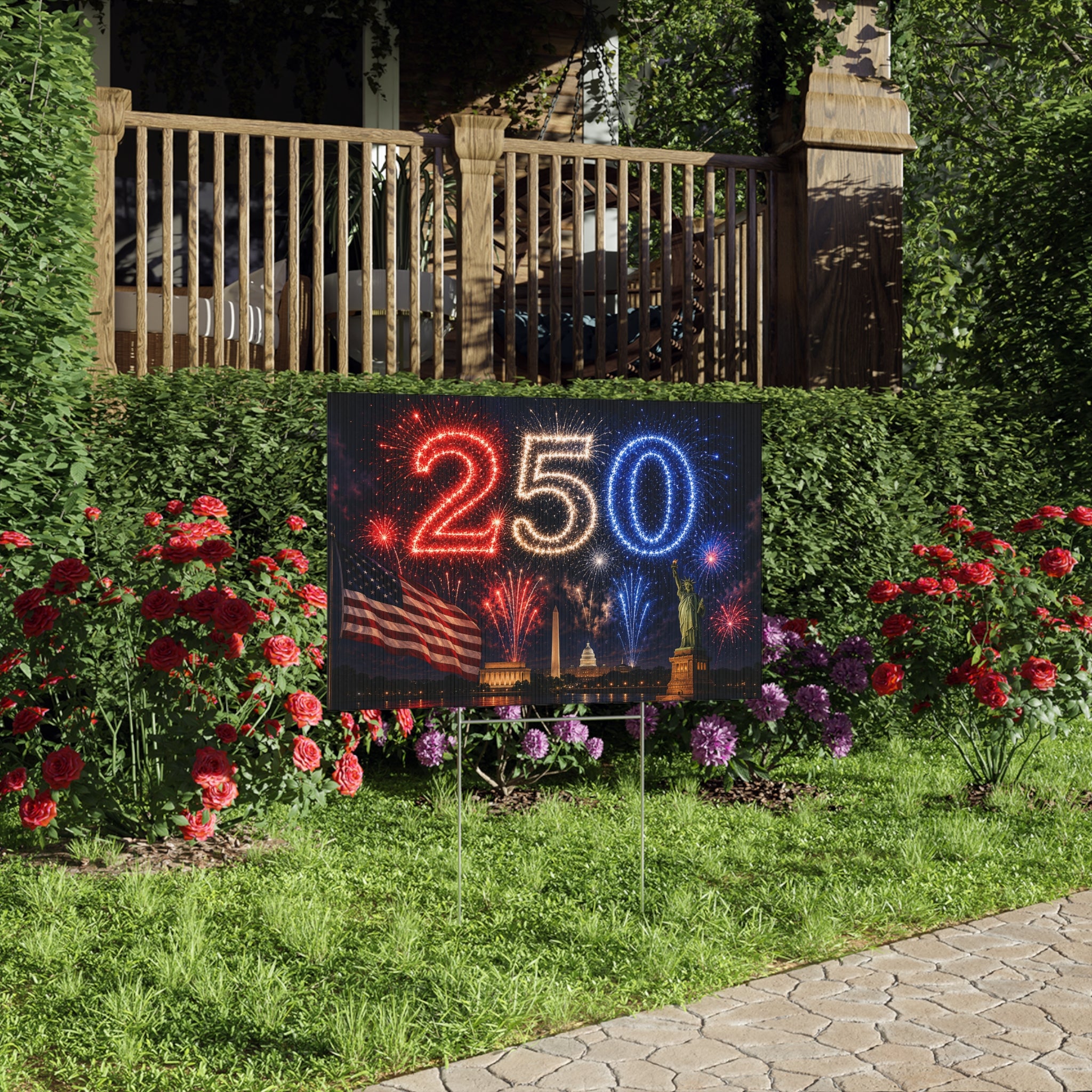 250th Anniversary Patriotic Lawn Sign — American Flag, Fireworks & Statue of Liberty