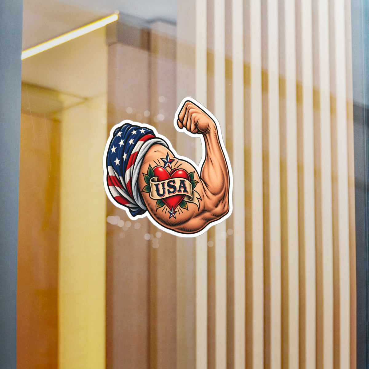 USA Muscle Arm Vinyl Sticker — Patriotic Kiss-Cut Decal