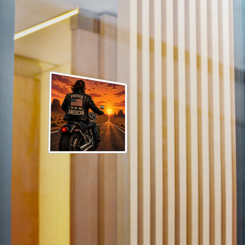 American Biker Sunset Decal - "Proud To Be An American" Kiss-Cut Vinyl Sticker