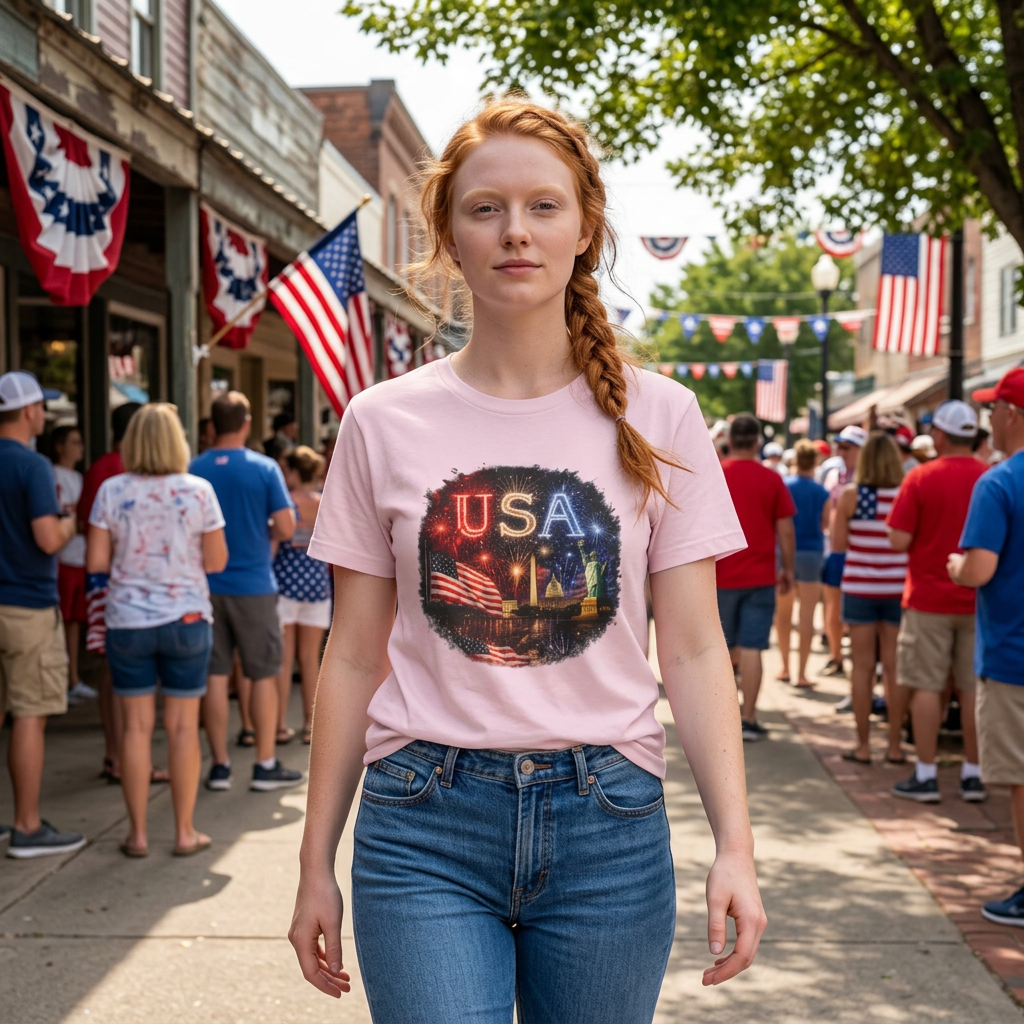 USA Fireworks T-Shirt — American Flag & Statue of Liberty Fourth of July Tee