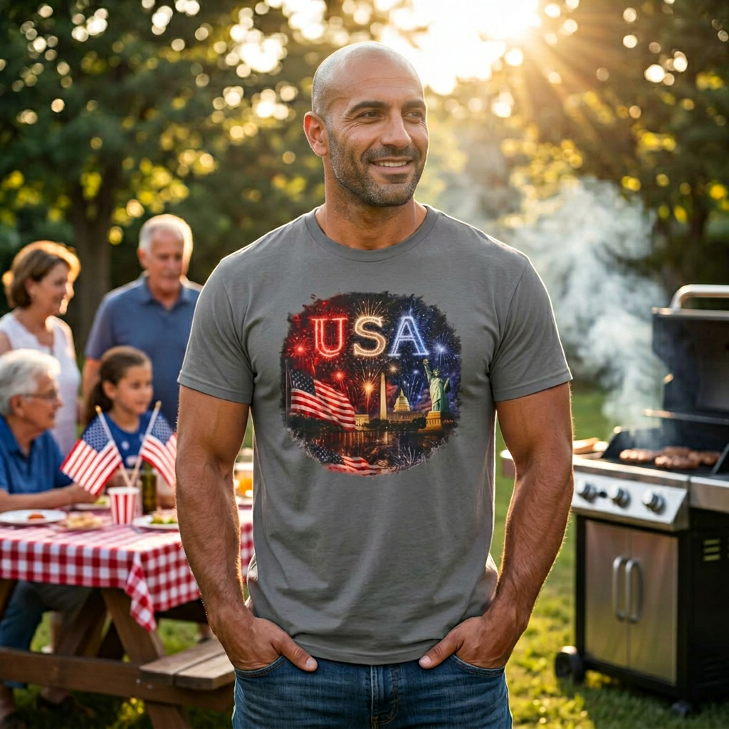USA Fireworks T-Shirt — American Flag & Statue of Liberty Fourth of July Tee