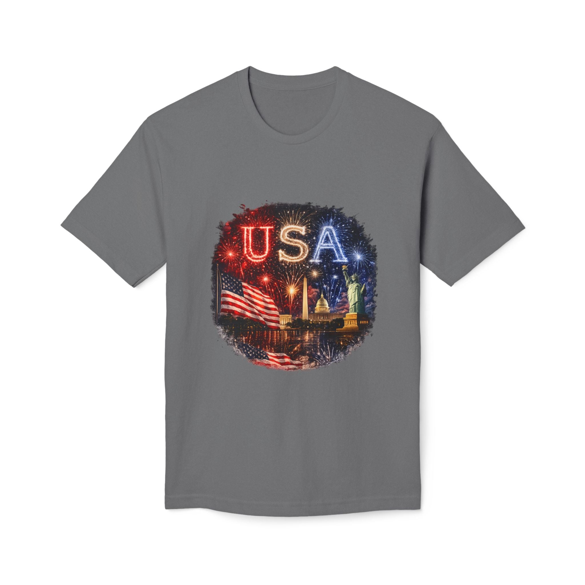 USA Fireworks T-Shirt — American Flag & Statue of Liberty Fourth of July Tee