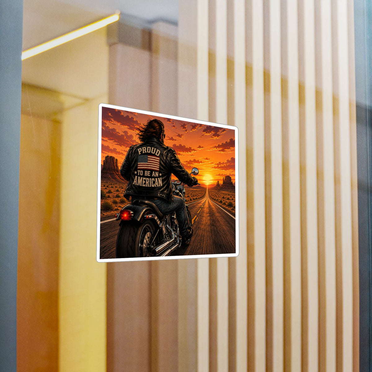 American Biker Sunset Decal - "Proud To Be An American" Kiss-Cut Vinyl Sticker