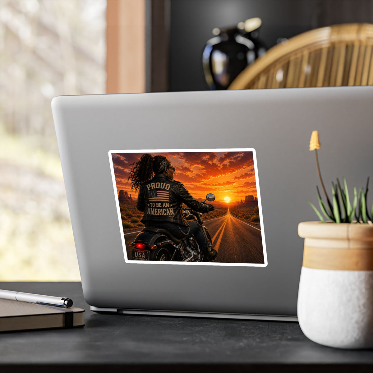 'Proud to Be an American' Motorcycle Sticker — Kiss-Cut Vinyl Decal, Patriotic Biker Sunset