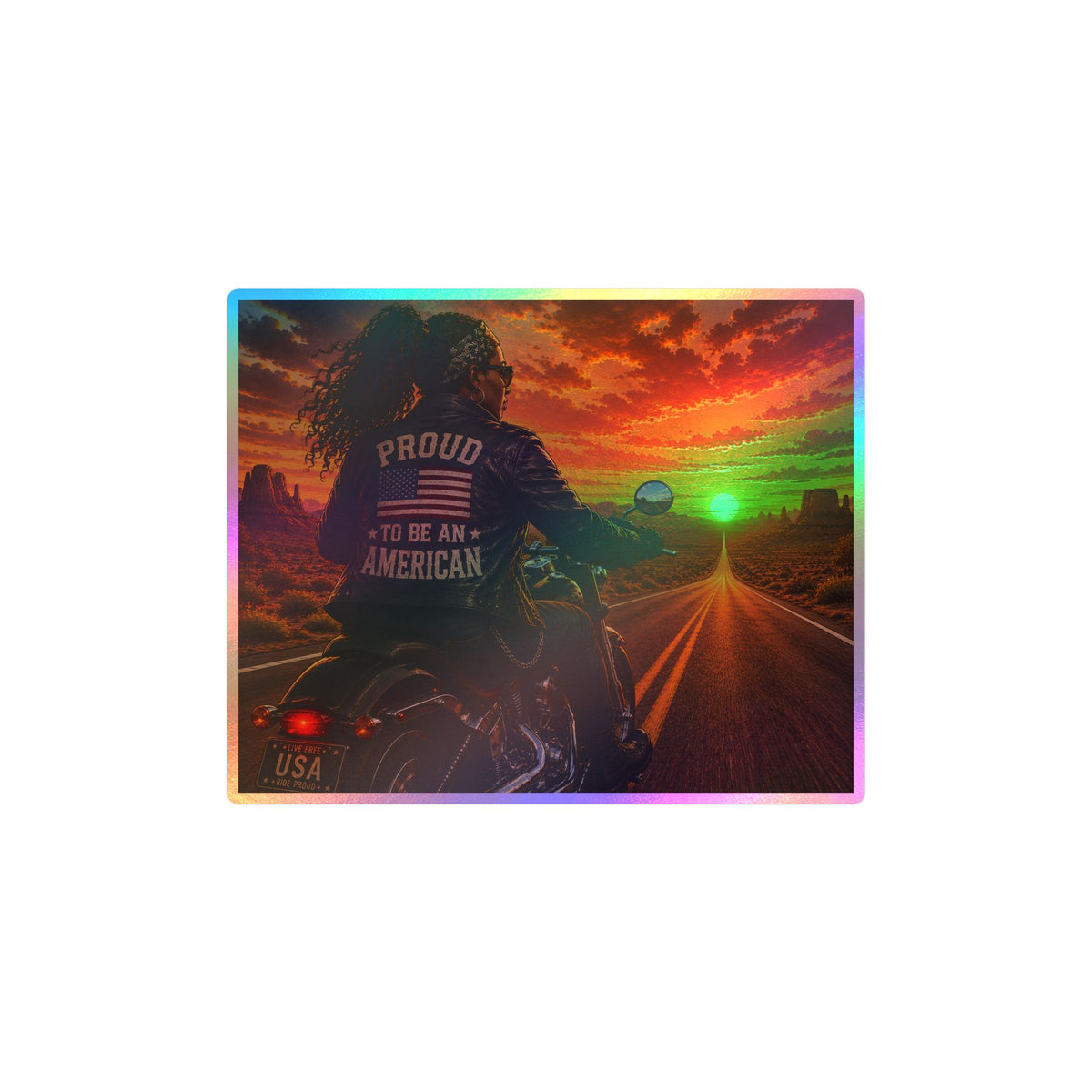 'Proud to Be an American' Motorcycle Sticker — Kiss-Cut Vinyl Decal, Patriotic Biker Sunset