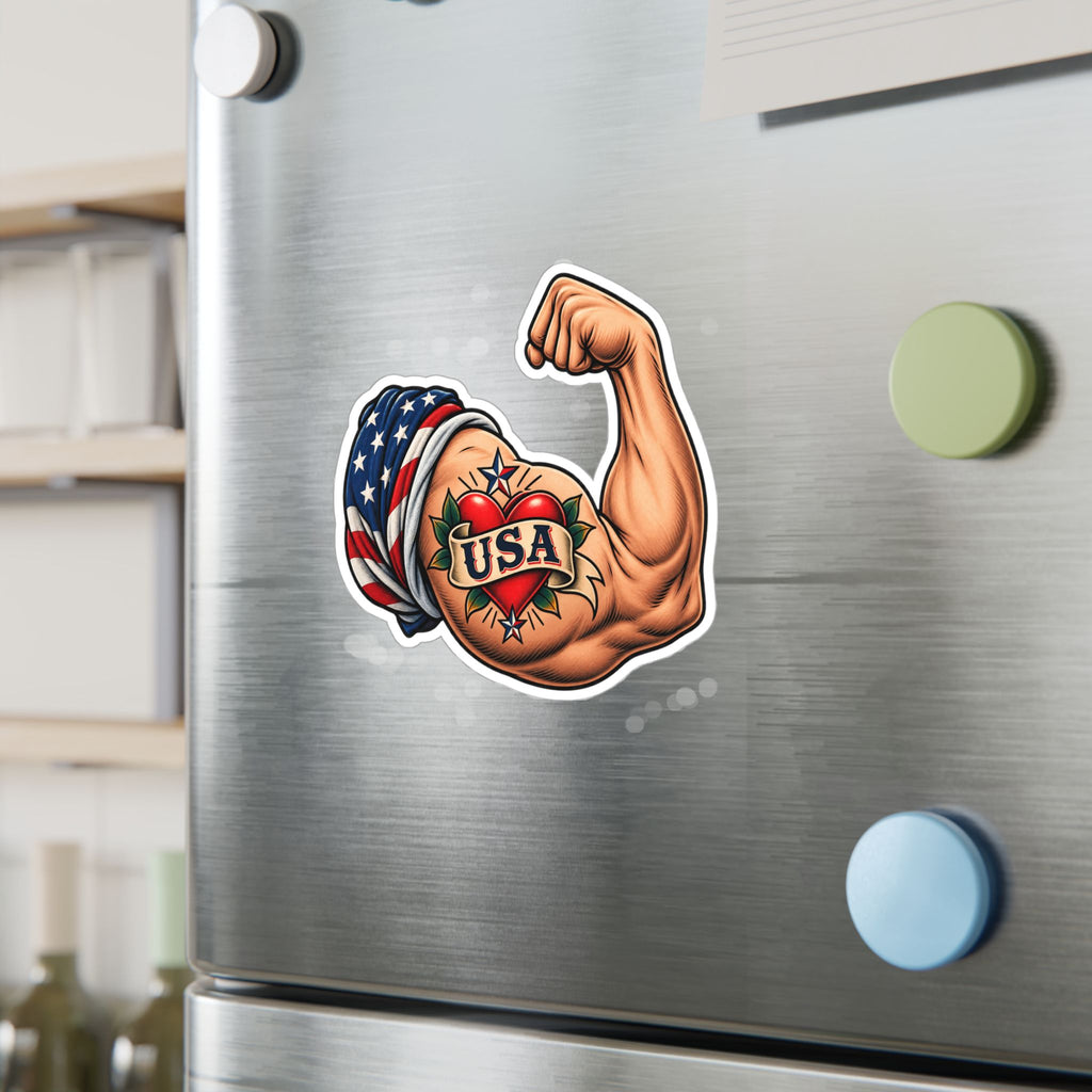 USA Muscle Arm Vinyl Sticker — Patriotic Kiss-Cut Decal