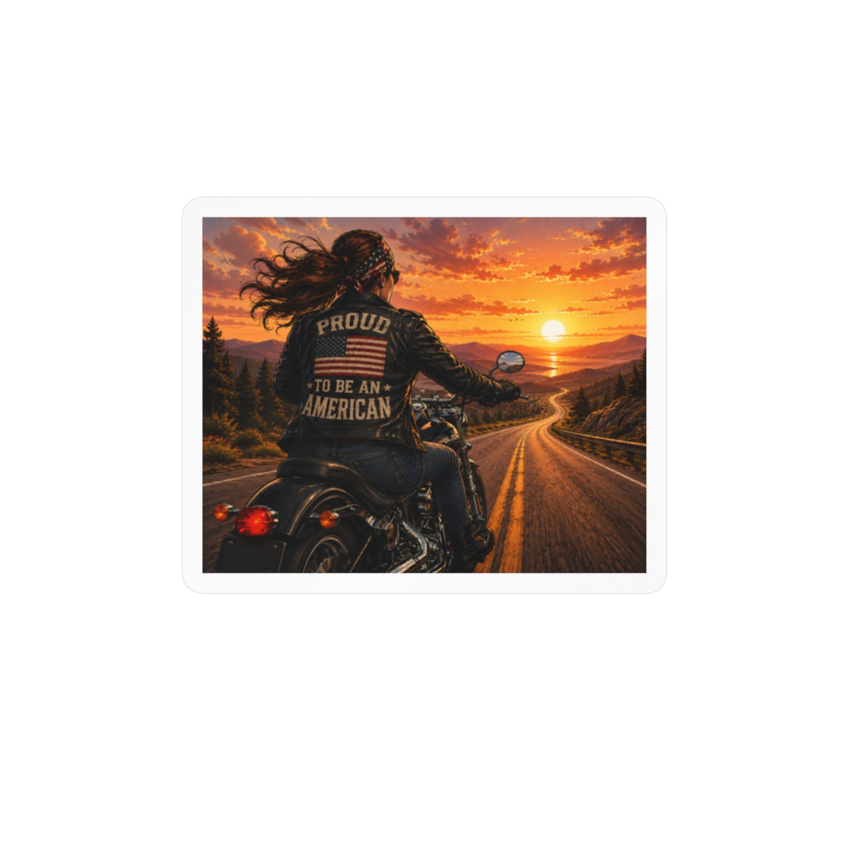 American Biker Gal Sunset Kiss-Cut Vinyl Decal — ‘Proud To Be An American’ Motorcycle Sticker