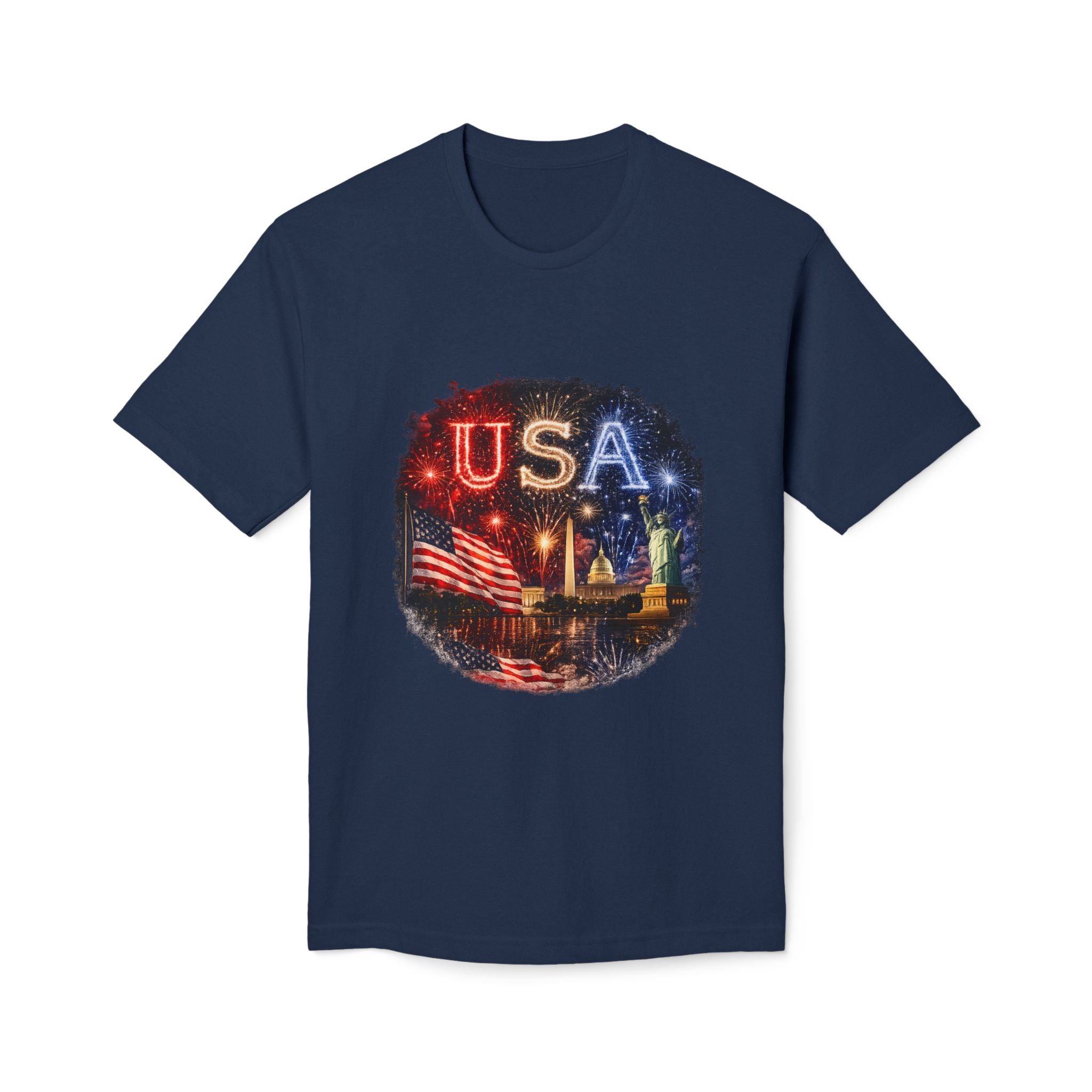 USA Fireworks T-Shirt — American Flag & Statue of Liberty Fourth of July Tee
