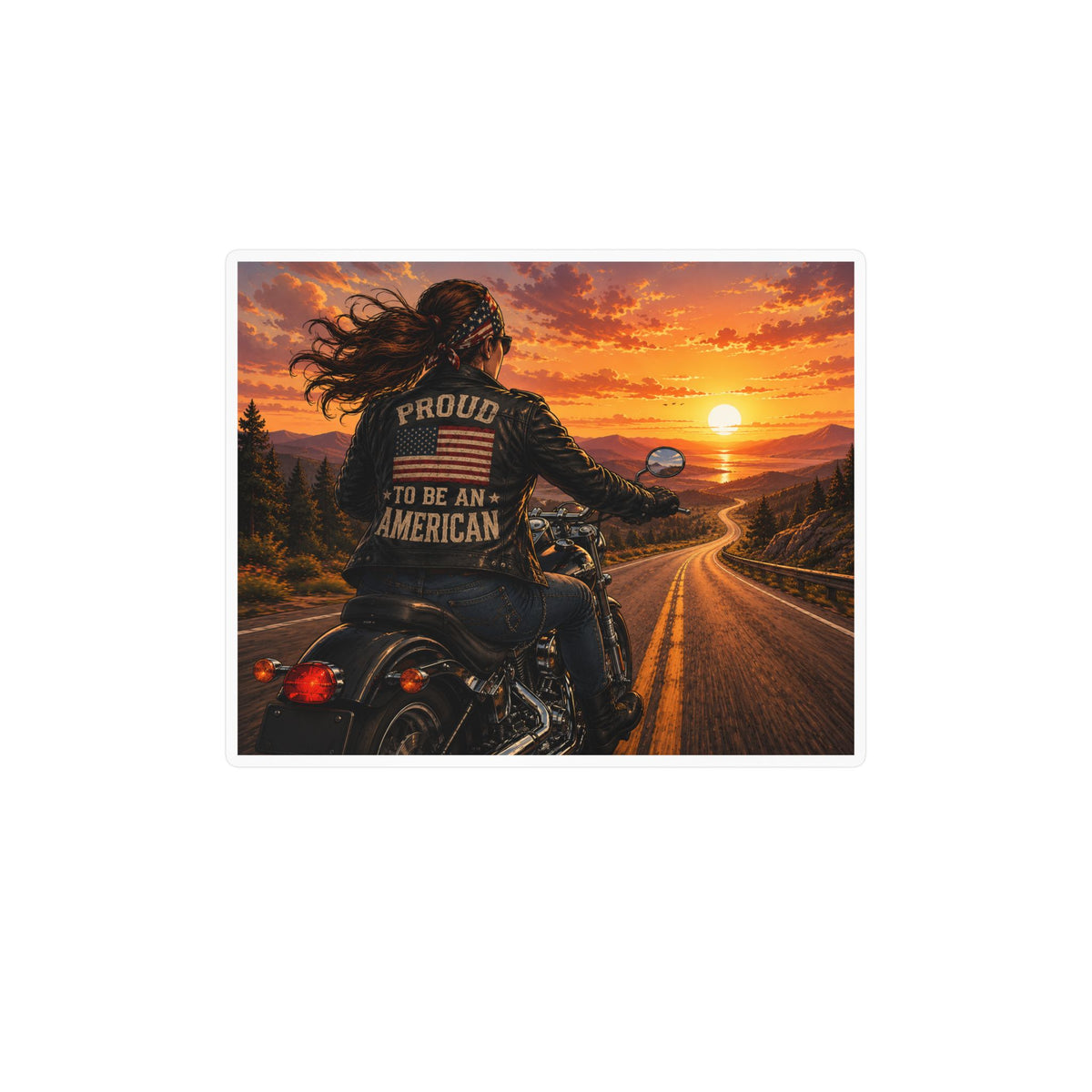 American Biker Gal Sunset Kiss-Cut Vinyl Decal — ‘Proud To Be An American’ Motorcycle Sticker