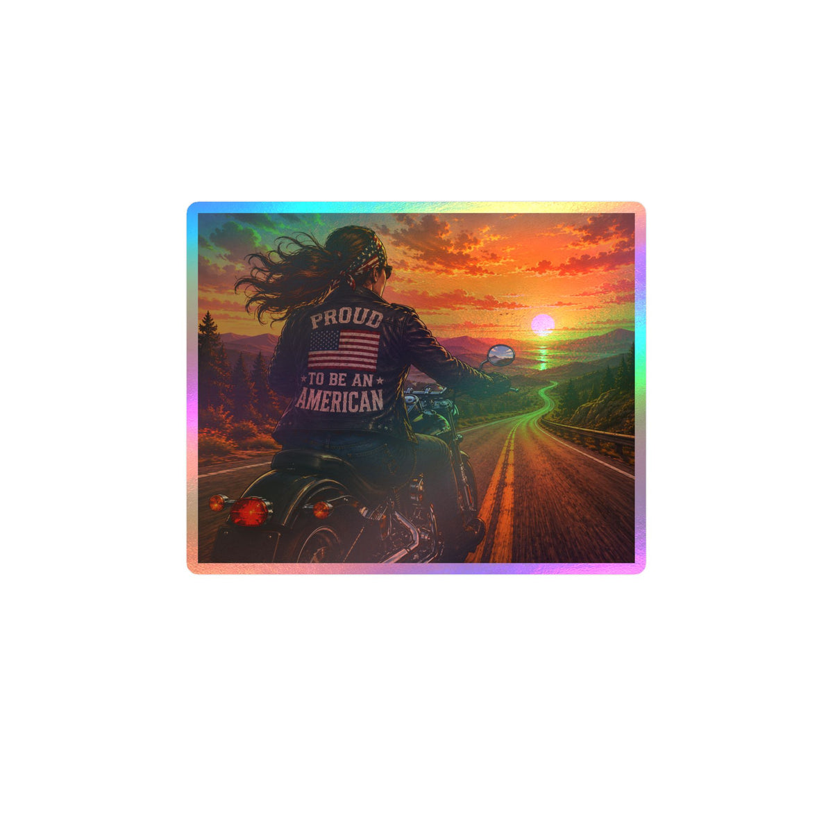 American Biker Gal Sunset Kiss-Cut Vinyl Decal — ‘Proud To Be An American’ Motorcycle Sticker