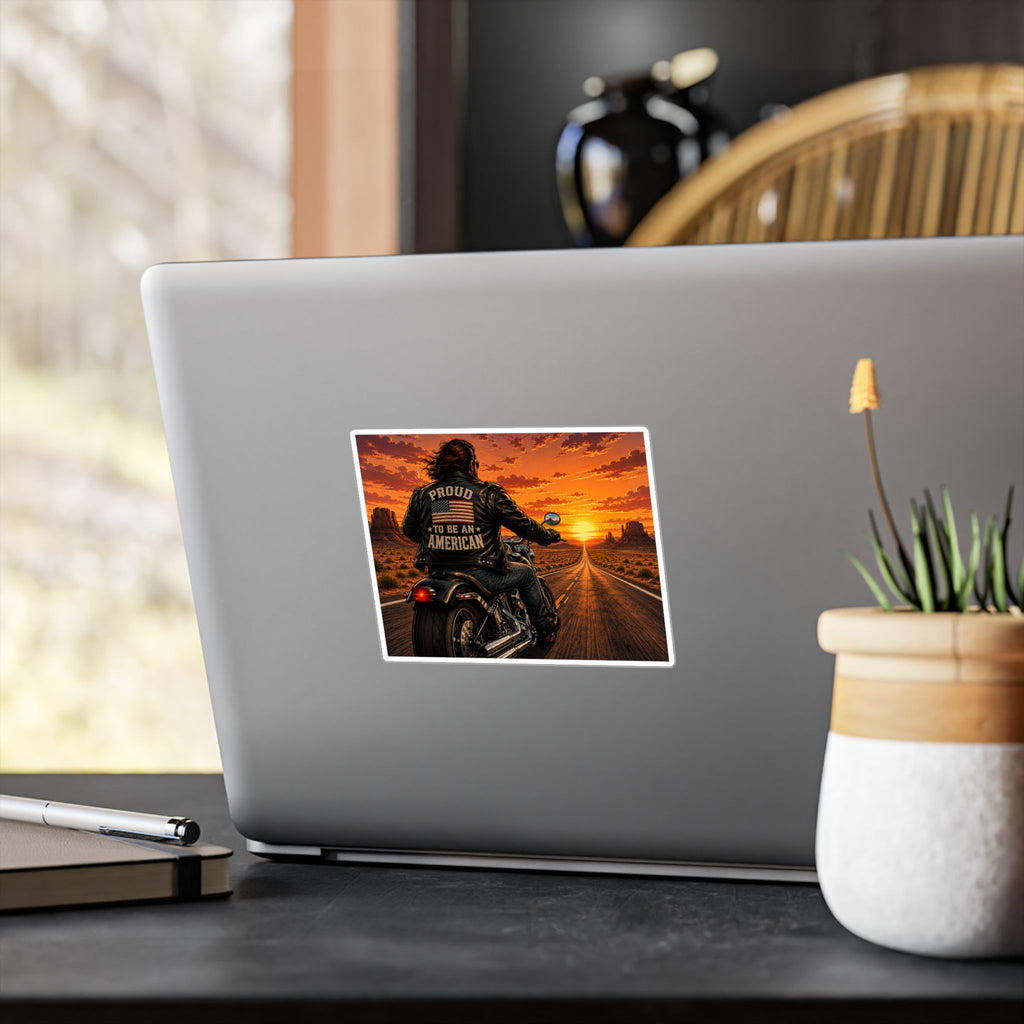 American Biker Sunset Decal - "Proud To Be An American" Kiss-Cut Vinyl Sticker