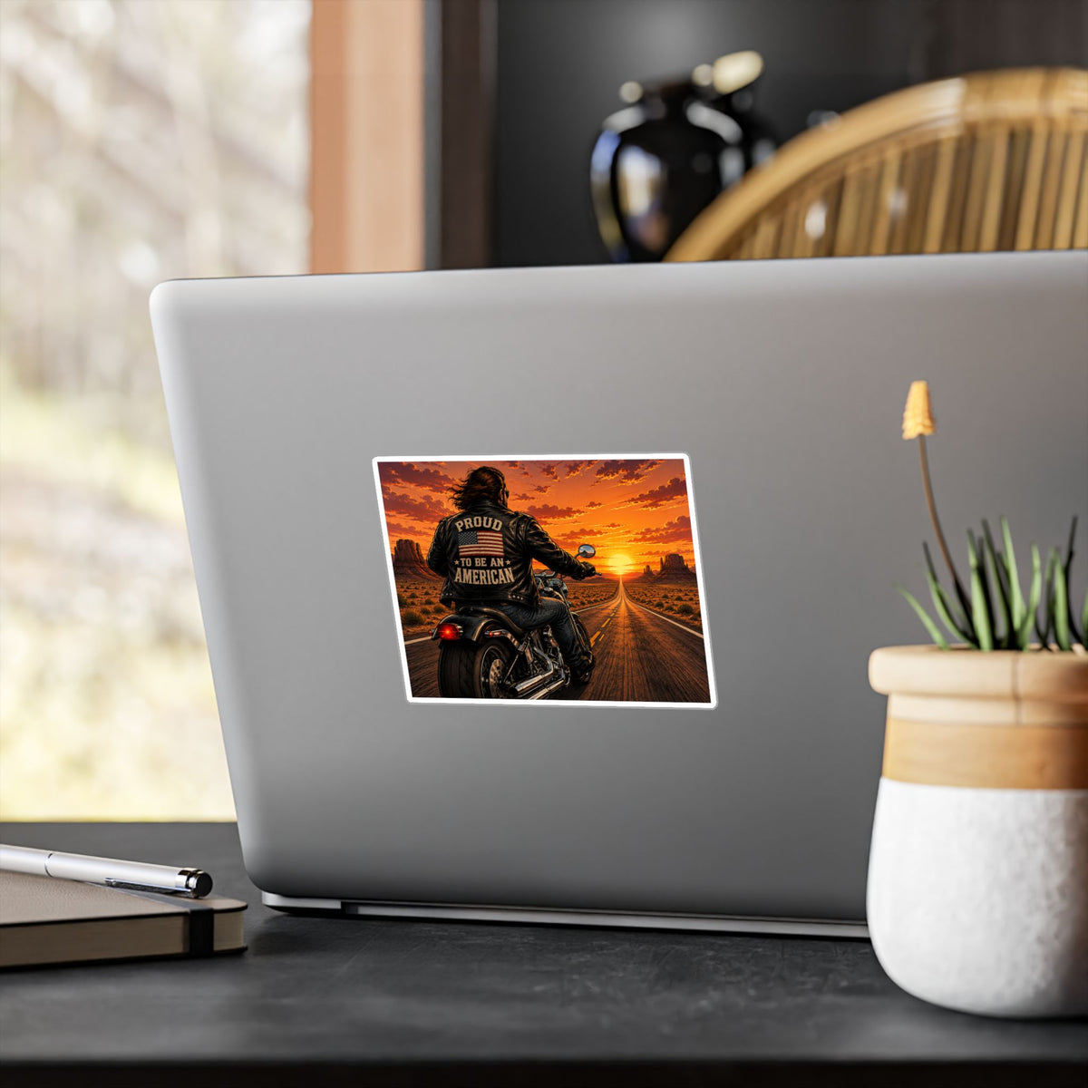 American Biker Sunset Decal - "Proud To Be An American" Kiss-Cut Vinyl Sticker