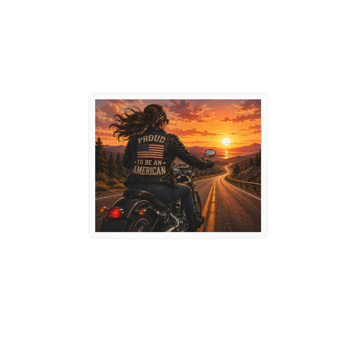 American Biker Gal Sunset Kiss-Cut Vinyl Decal — ‘Proud To Be An American’ Motorcycle Sticker
