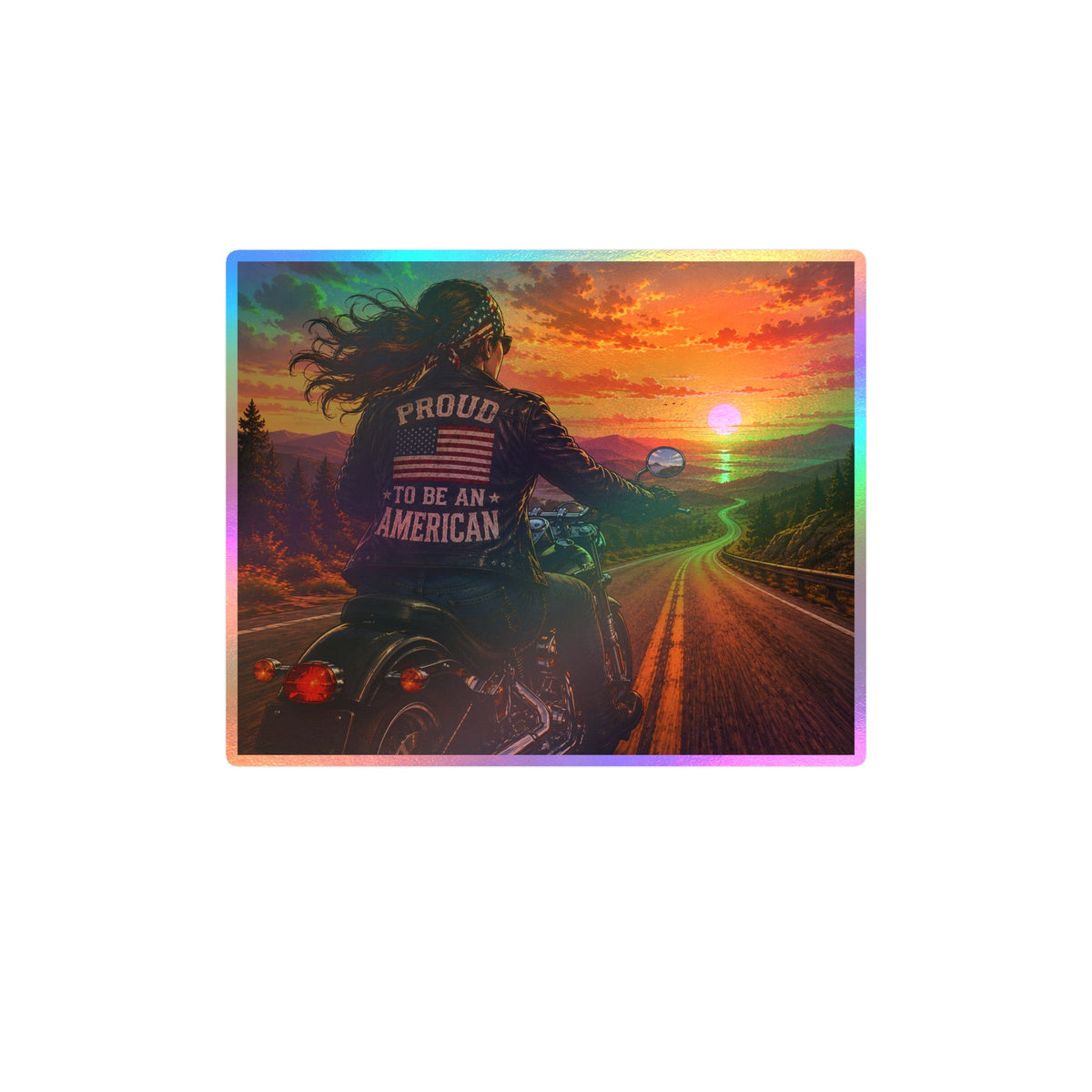 American Biker Gal Sunset Kiss-Cut Vinyl Decal — ‘Proud To Be An American’ Motorcycle Sticker