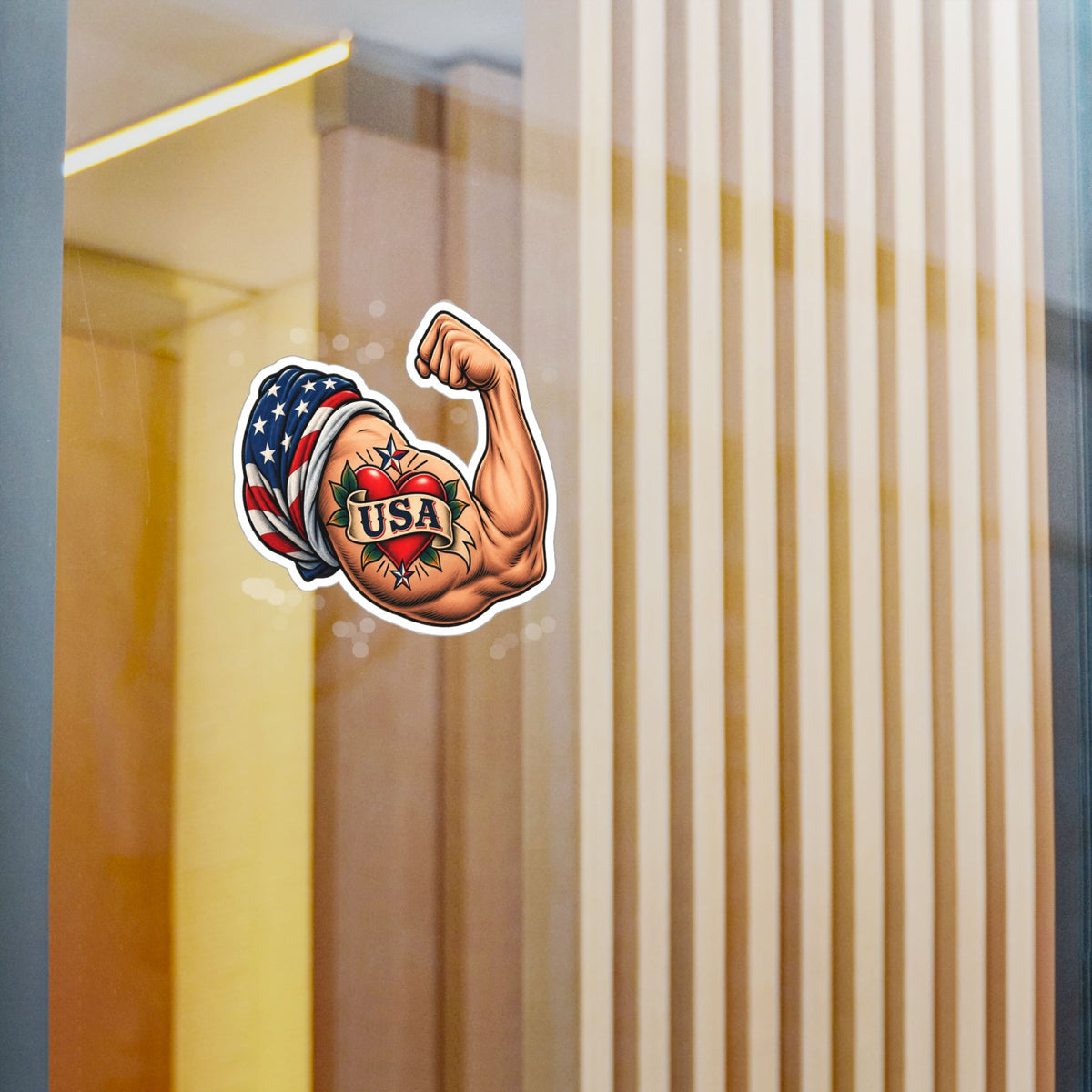 USA Muscle Arm Vinyl Sticker — Patriotic Kiss-Cut Decal