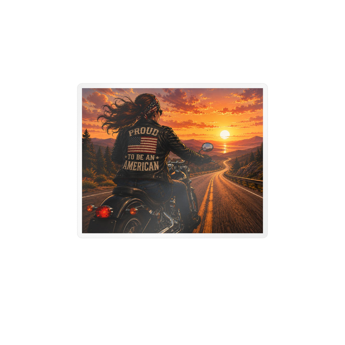 American Biker Gal Sunset Kiss-Cut Vinyl Decal — ‘Proud To Be An American’ Motorcycle Sticker