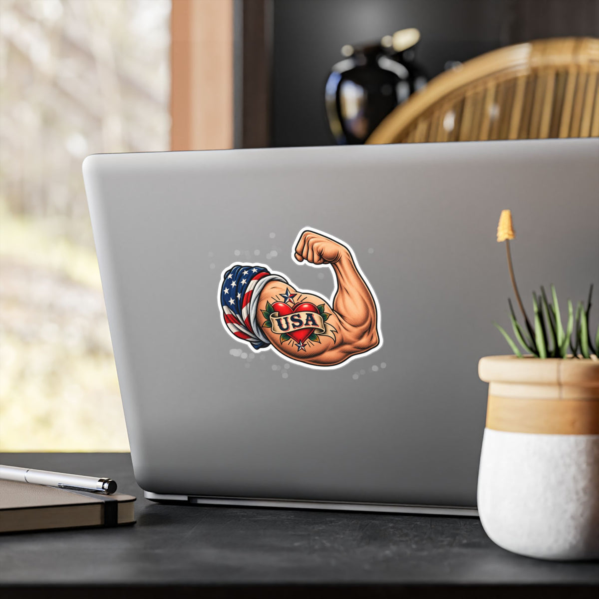 USA Muscle Arm Vinyl Sticker — Patriotic Kiss-Cut Decal