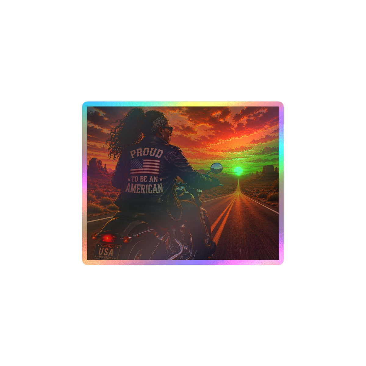 'Proud to Be an American' Motorcycle Sticker — Kiss-Cut Vinyl Decal, Patriotic Biker Sunset