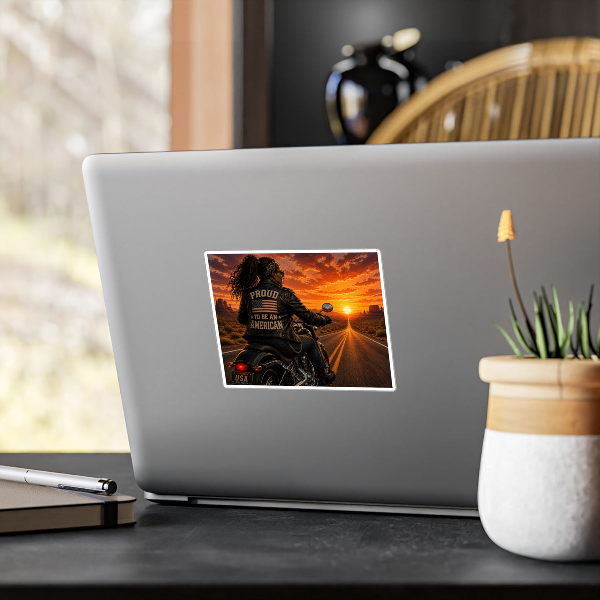 'Proud to Be an American' Motorcycle Sticker — Kiss-Cut Vinyl Decal, Patriotic Biker Sunset