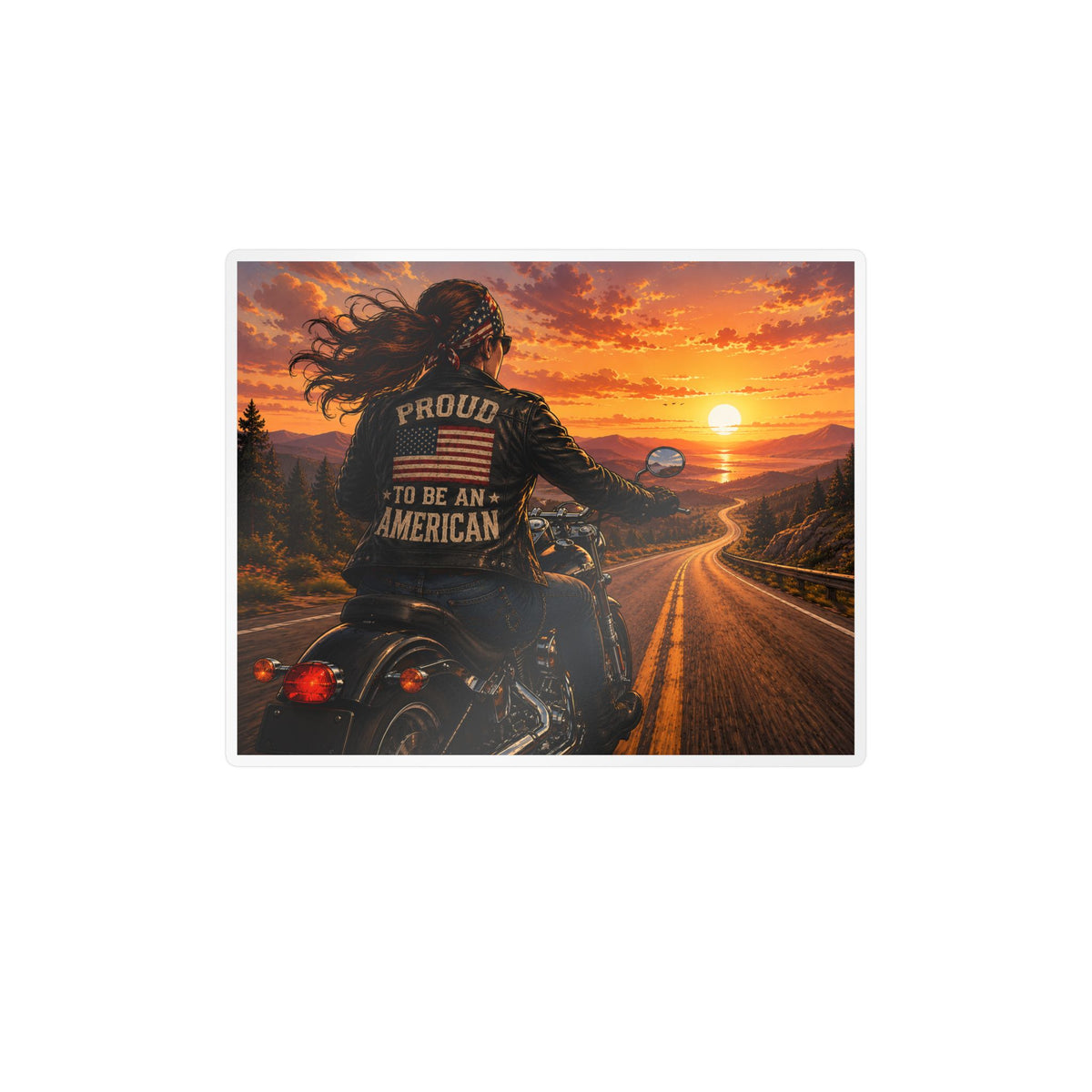American Biker Gal Sunset Kiss-Cut Vinyl Decal — ‘Proud To Be An American’ Motorcycle Sticker