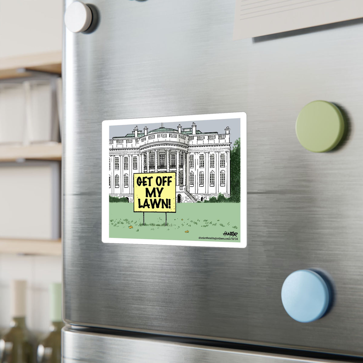 "Get Off My Lawn" White House Political Cartoon Kiss-Cut Decal - Alexander Hunter (The Washington Times)