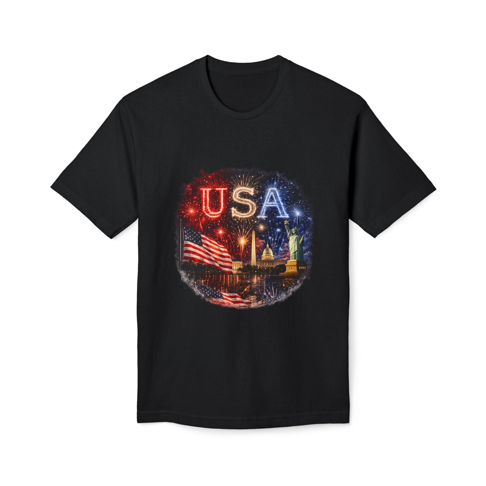 USA Fireworks T-Shirt — American Flag & Statue of Liberty Fourth of July Tee