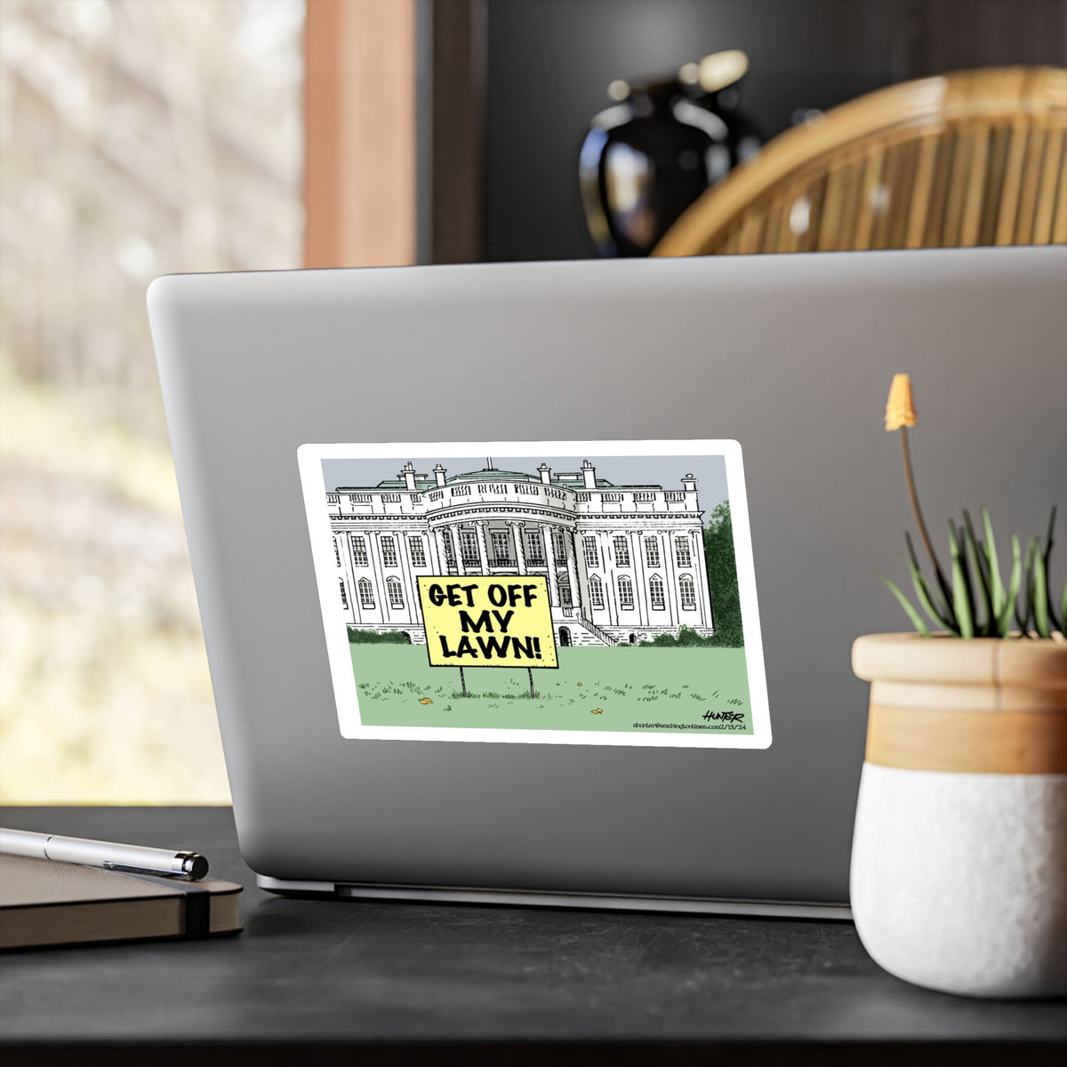 "Get Off My Lawn" White House Political Cartoon Kiss-Cut Decal - Alexander Hunter (The Washington Times)