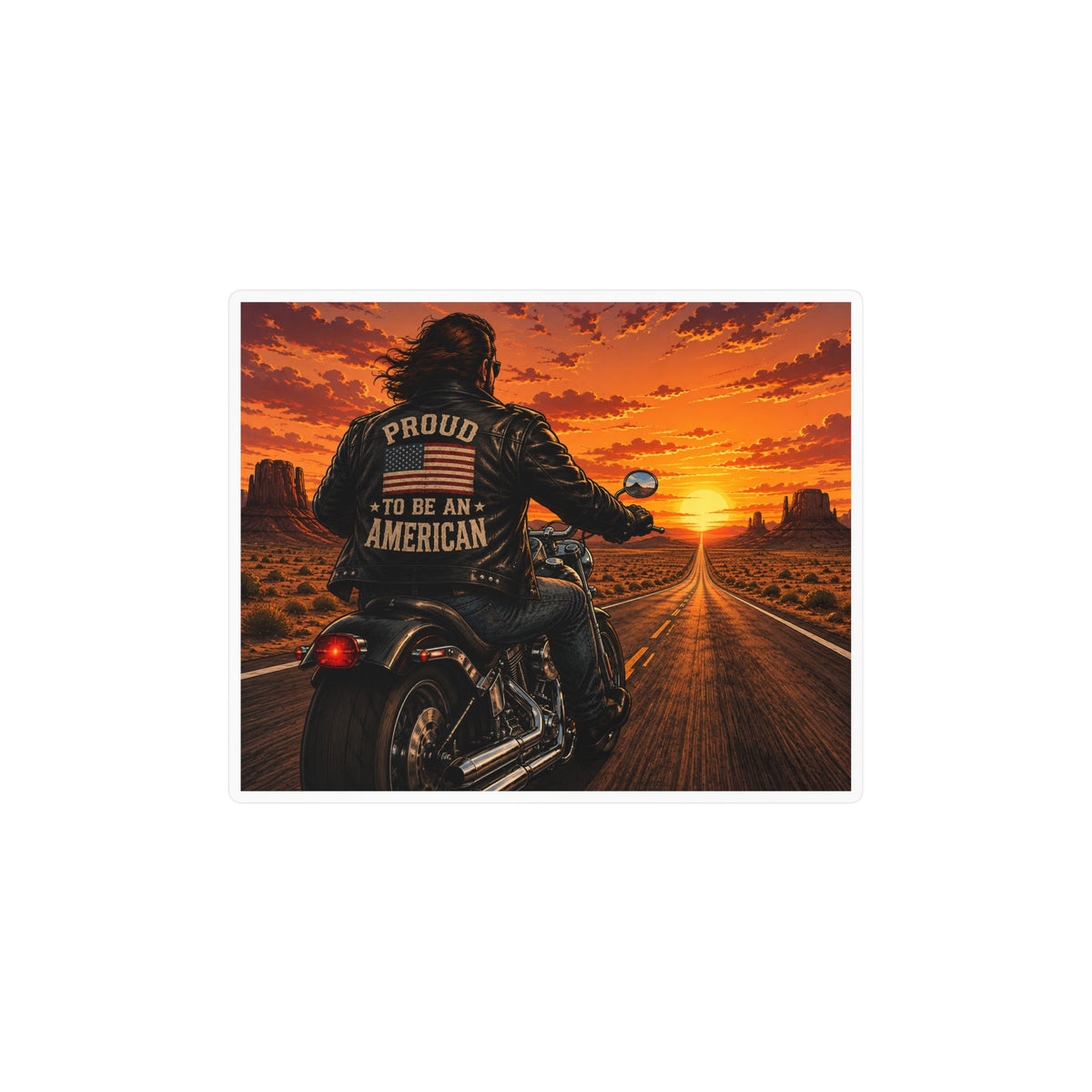American Biker Sunset Decal - "Proud To Be An American" Kiss-Cut Vinyl Sticker