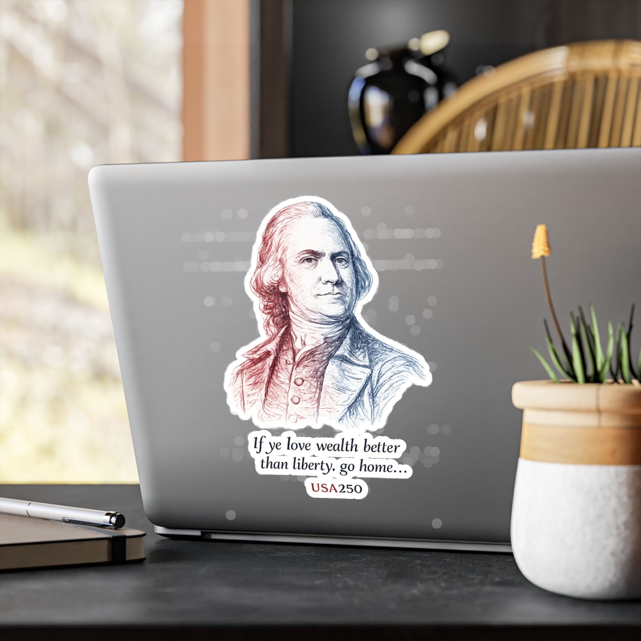 Kiss-Cut Vinyl Sticker — Samuel Adams Portrait with Quote “If you love wealth better than liberty, go home…”